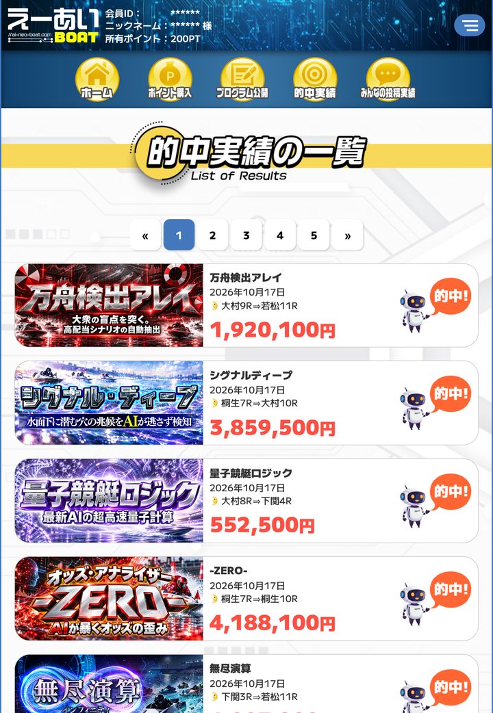 えーあいボートの会員ページ「的中実績」（10月18日撮影・登録情報は伏せ字）