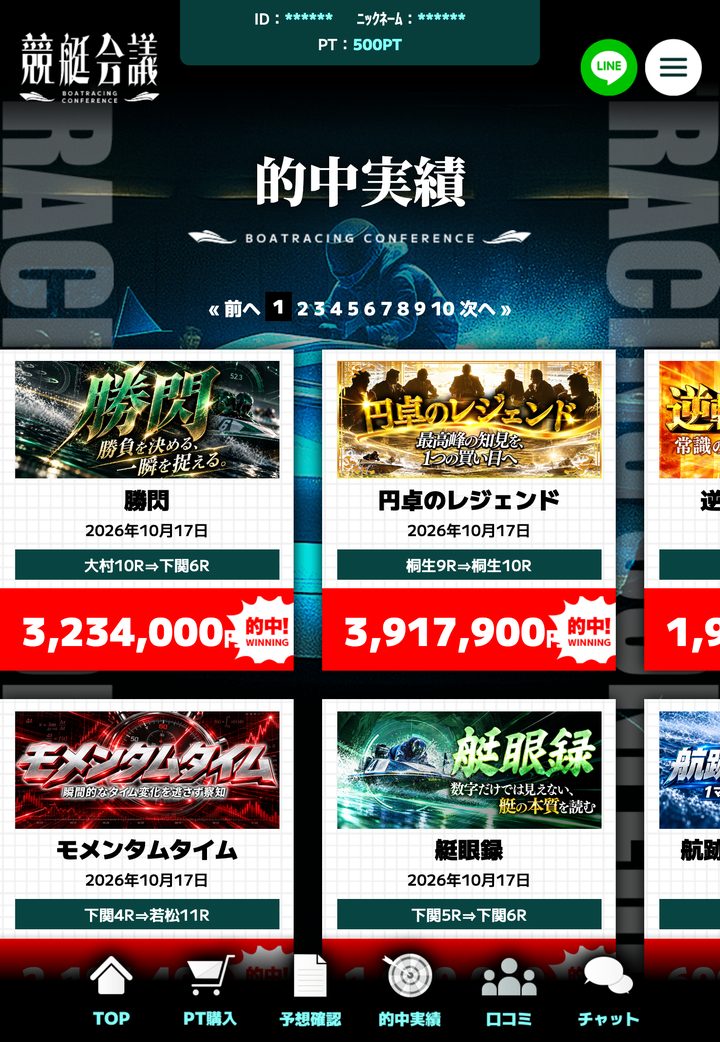 競艇会議の会員ページ「的中実績」（10月18日撮影・登録情報は伏せ字）