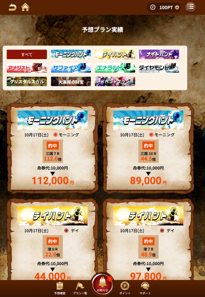 競艇トレジャーハンターの会員ページ「的中実績」（10月18日撮影・登録情報は伏せ字）