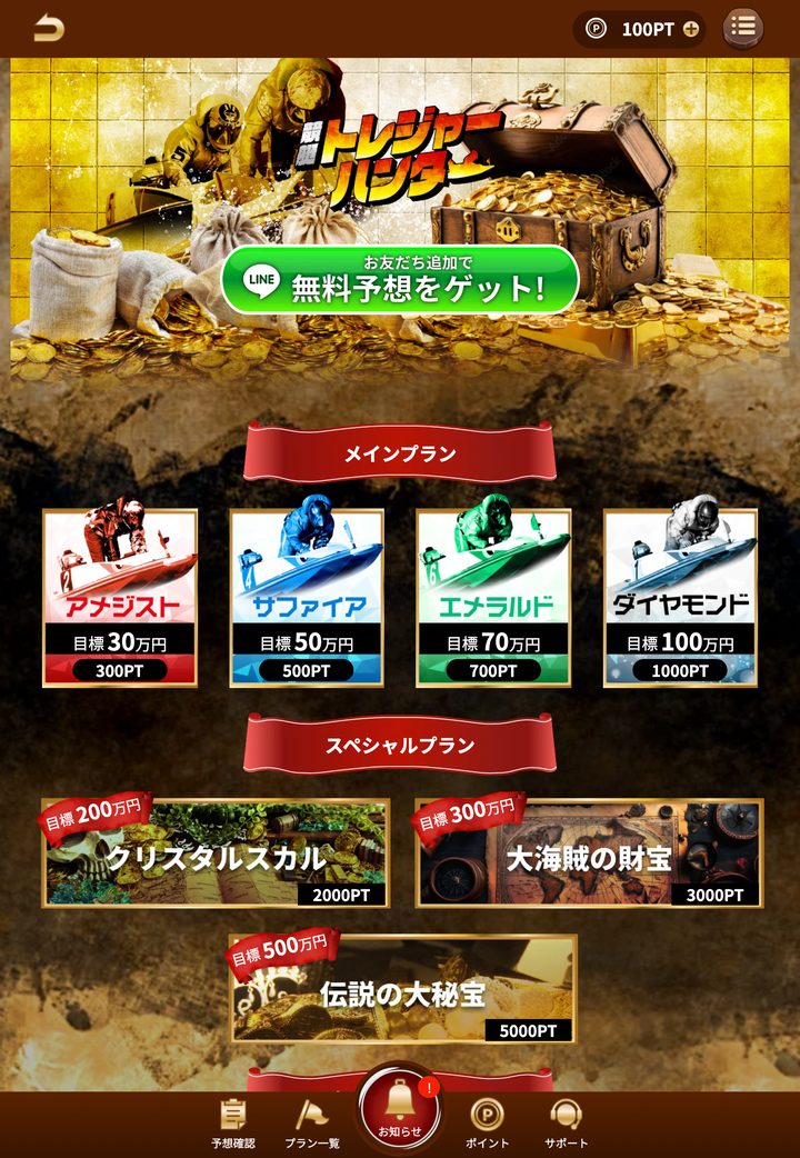 競艇トレジャーハンターの会員ページ「会員トップ」（10月18日撮影・登録情報は伏せ字）