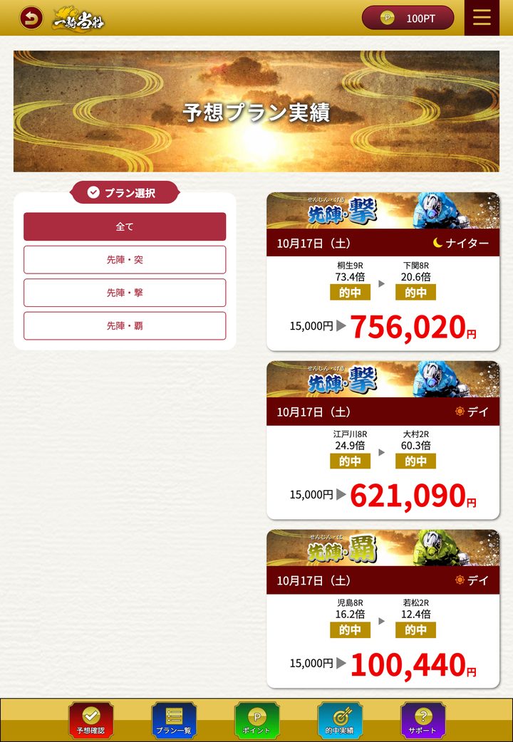 一騎当船の会員ページ「的中実績」（10月18日撮影・登録情報は伏せ字）