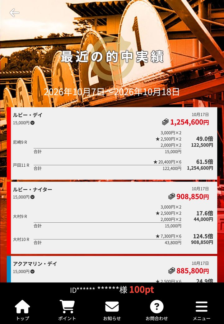 競艇ダイヤモンドの会員ページ「的中実績」（10月18日撮影・登録情報は伏せ字）